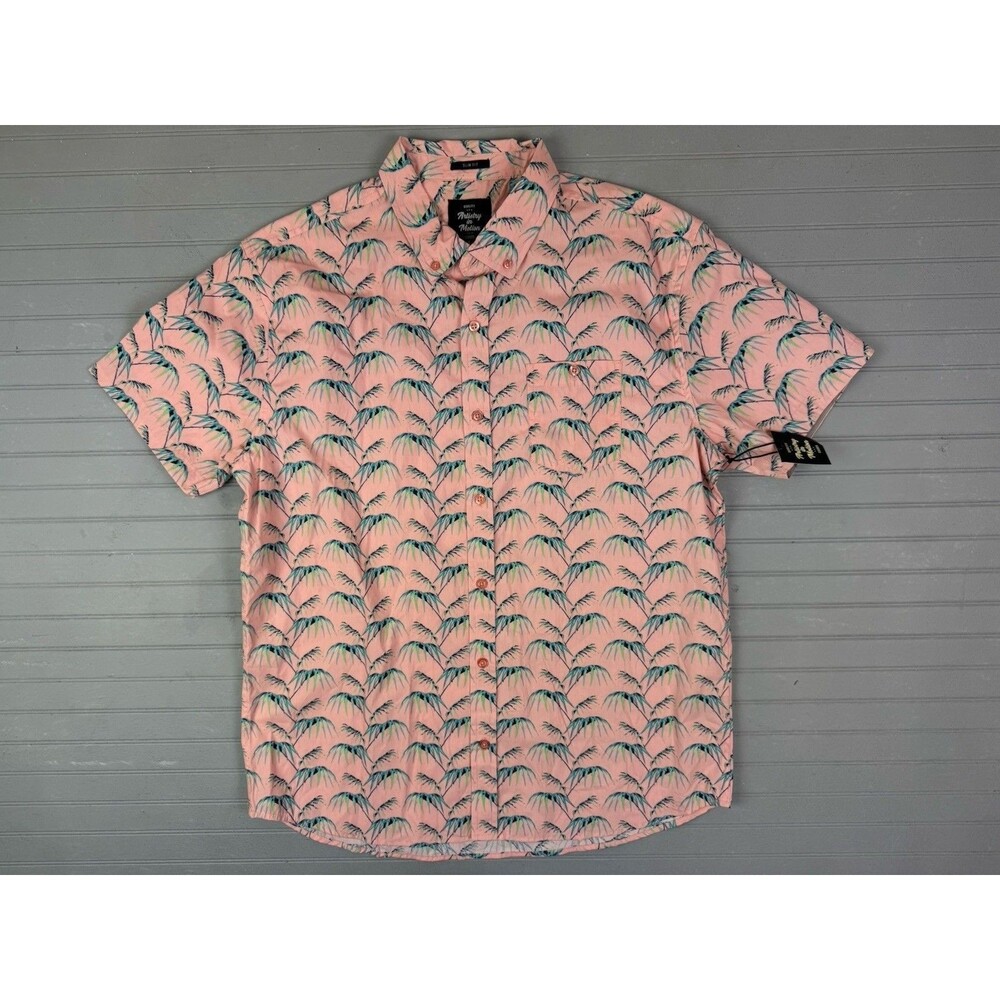 Artistry In Motion Size L Men Short Sleeve Shirt Pink Palm Trees Slim Fit Button